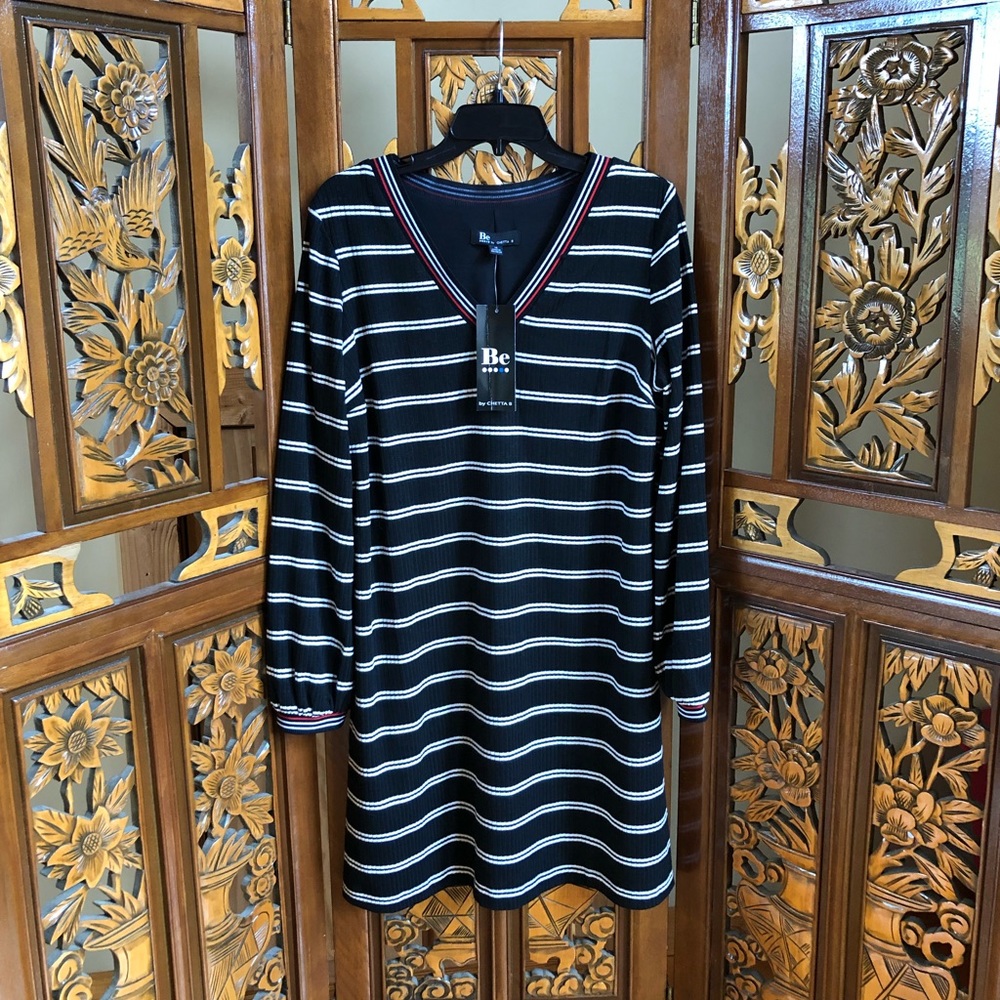 Be by Chetta B Black Striped Dress Women Sz 16